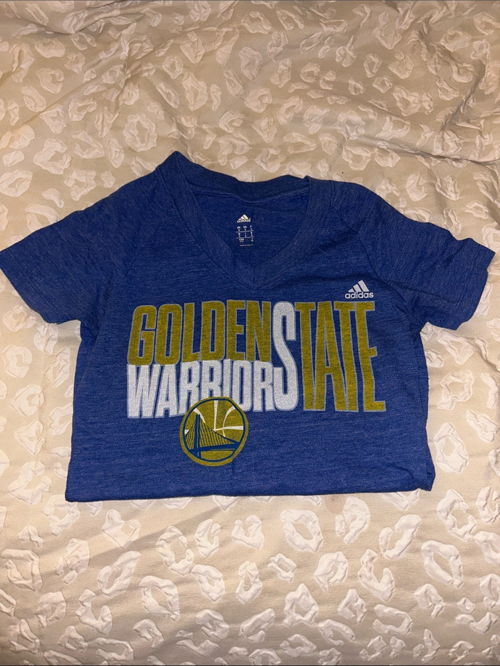 adidas Blue Golden State Warriors Short Sleeve Tee with Yellow Logo